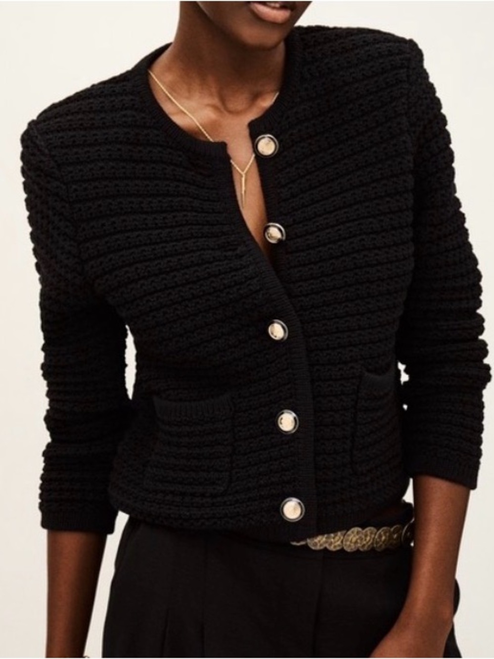 Ba&sh Gaspard black Textured Knit Gold-Button Cardigan